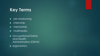 Key Terms
 job shadowing
 internship
 mentorship
 multimedia
 Occupational Safety
and Health
Administration (OSHA)
 ergonomics
1
 