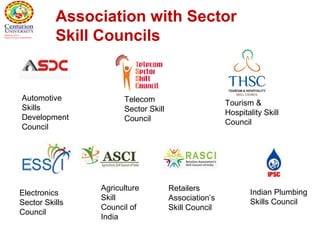 Association with Sector
Skill Councils
Automotive
Skills
Development
Council
Telecom
Sector Skill
Council
Tourism &
Hospitality Skill
Council
Electronics
Sector Skills
Council
Agriculture
Skill
Council of
India
Retailers
Association’s
Skill Council
Indian Plumbing
Skills Council
 