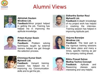 Alumni Views
Abhishek Gautam
Mindtree Ltd.
Feedback:Minor project helped
in getting the job. Training has
helped me in improving the
aptitude knowledge.
Sidhartha Sankar Roul
MphasiS Ltd.
Feedback:In-depth knowledge
of my project work has helped
in cracking the interview.
Training session has helped in
improving Aptitude part.
Bibhu Prasad Sahoo
Medhaj Techno Concept
Feedback: Aptitude and
Reasoning classes were
interesting and very helpful.
Chinmaya Kumar Dash
MphasiS Ltd.
Feedback: Versant training
session has helped me in
improving my Communication
skills and to get the job.
Pritam Kumar Swain
Mindtree Ltd.
Feedback: Problem solving
techniques taught by external
trainers helped me get through
the selection process.
Anjuma Banerjee
Mindtree Ltd.
Feedback: The best part is
the rigorous training sessions
that takes place and many a
times, specific training as per
the company visiting ahead.
 