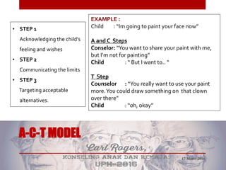 A-C-T MODEL
• STEP 1
Acknowledging the child’s
feeling and wishes
• STEP 2
Communicating the limits
• STEP 3
Targeting acceptable
alternatives.
EXAMPLE :
Child : “Im going to paint your face now”
A and C Steps
Conselor: “You want to share your paint with me,
but I’m not for painting”
Child : “ But I want to.. “
T Step
Counselor : “You really want to use your paint
more.You could draw something on that clown
over there”
Child : “oh, okay”
17 Maret 2016
 