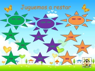 Juguemos a restar
  350 - 200                                     980 - 180
                          1250 - 250




150
                    500                     1160


              250                  1500
                                                        180



550                 1000                  800
 