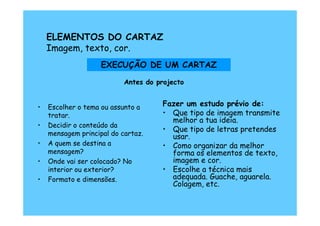 ELEMENTOS DO CARTAZ
    Imagem, texto, cor.
                    EXECUÇÃO DE UM CARTAZ

                           Antes do projecto


•   Escolher o tema ou assunto a      Fazer um estudo prévio de:
    tratar.                           • Que tipo de imagem transmite
                                        melhor a tua ideia.
•   Decidir o conteúdo da
                                      • Que tipo de letras pretendes
    mensagem principal do cartaz.       usar.
•   A quem se destina a               • Como organizar da melhor
    mensagem?                           forma os elementos de texto,
•   Onde vai ser colocado? No           imagem e cor.
    interior ou exterior?             • Escolhe a técnica mais
•   Formato e dimensões.                adequada. Guache, aguarela.
                                        Colagem, etc.
 