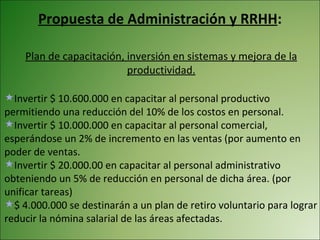 Plan de capacitación, inversión en sistemas y mejora de la productividad. Invertir $ 10.600.000 en capacitar al personal productivo permitiendo una reducción del 10% de los costos en personal. Invertir $ 10.000.000 en capacitar al personal comercial, esperándose un 2% de incremento en las ventas (por aumento en poder de ventas. Invertir $ 20.000.00 en capacitar al personal administrativo obteniendo un 5% de reducción en personal de dicha área. (por unificar tareas) $ 4.000.000 se destinarán a un plan de retiro voluntario para lograr reducir la nómina salarial de las áreas afectadas. Propuesta de Administración y RRHH : 