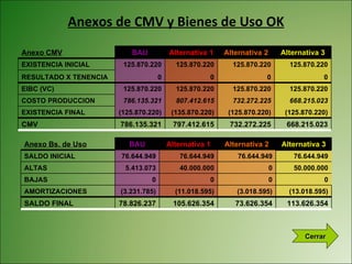 Anexos de CMV y Bienes de Uso OK Cerrar Anexo CMV BAU Alternativa 1 Alternativa 2 Alternativa 3 EXISTENCIA INICIAL 125.870.220 125.870.220 125.870.220 125.870.220 RESULTADO X TENENCIA 0 0 0 0 EIBC (VC) 125.870.220 125.870.220 125.870.220 125.870.220 COSTO PRODUCCION 786.135.321 807.412.615 732.272.225 668.215.023 EXISTENCIA FINAL (125.870.220) (135.870.220) (125.870.220) (125.870.220) CMV 786.135.321 797.412.615 732.272.225 668.215.023 Anexo Bs. de Uso BAU Alternativa 1 Alternativa 2 Alternativa 3 SALDO INICIAL 76.644.949 76.644.949 76.644.949 76.644.949 ALTAS 5.413.073 40.000.000 0 50.000.000 BAJAS 0 0 0 0 AMORTIZACIONES (3.231.785) (11.018.595) (3.018.595) (13.018.595) SALDO FINAL 78.826.237 105.626.354 73.626.354 113.626.354 