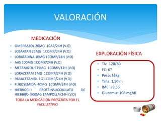 VALORACIÓN
MEDICACIÓN
 OMEPRAZOL 20MG 1CAP/24H (V.O)
 LOSARTAN 25MG 1COMP/24H (V.O)
 LORATADINA 10MG 1COMP/24H (V.O)
 AAS 100MG 1COMP/24H (V.O)
 METAMIZOL 575MG 1COMP/12H (V.O)
 LORAZEPAM 1MG 1COMP/24H (V.O)
 PARACETAMOL 1G 1COMP/24H (V.O)
 FUROSEMIDA 40MG 1COMP/24H (V.O)
 HIERRO(III) PROTEINSUCCINILATO DE
HIERRRO 800MG 1AMPOLLA/24H (V.O)
TODA LA MEDICACIÓN PRESCRITA POR EL
FACULTATIVO
EXPLORACIÓN FÍSICA
 TA: 120/80
 FC: 67
 Peso: 53kg
 Talla: 1,50 m
 IMC: 23,55
 Glucemia: 108 mg/dl
 