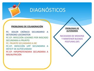 DIAGNÓSTICOS
PROBLEMAS DE COLABORACIÓN
PC: DOLOR CRÓNICO SECUNDARIO A
DETERIORO LOCOMOTOR
PC-CP: INFECCIÓN LESIONES POR RASCADO
SECUNDARIA A PRURITO
PC: PRURITO SECUNDARIO A IRC
PC-CP: INFECCIÓN UPP SECUNDARIA A
DÉFICIT DE AUTOCUIDADO
PC-CP: HIPOPROTEINEMIA SECUNDARIA A
MALNUTRICIÓN
PROBLEMAS DE
AUTONOMÍA
NECESIDAD DE MOVERSE
Y MANTENER BUENAS
POSTURAS (SP)
 