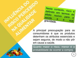 A principal preocupação para os
consumidores é que os produtos
detenham os atributos essenciais e
sejam seguros, de modo a não pôr
em causa a saúde.
Quanto maior o risco, menor é a
probabilidade de ocorrer a compra.
5
 