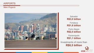 Main Projects
AIRPORTS
Salvador
R$3,0 billion
Fortaleza
R$1,8 billion
Porto Alegre
R$2,5 billion
Florianópolis
R$1,1 billion
Investments of more than
R$8,5 billion
 