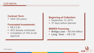 CCR MSVIA
Contract Term:
 2044 (30 years)
Forecasted Investments:
 R$ 5.5 Bi
 40% already contracted
 Completion of 10% to toll
approval
Beginning of Collection:
 September 14, 2015
 37 days before planned
BNDES Financing:
 Bridge Loan – R$ 544 Million
 Long Term – R$ 3 Bi*
* Under analysis
 