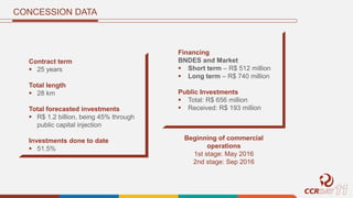 Contract term
 25 years
Total length
 28 km
Total forecasted investments
 R$ 1.2 billion, being 45% through
public capital injection
Investments done to date
 51.5%
Financing
BNDES and Market
 Short term – R$ 512 million
 Long term – R$ 740 million
Public Investments
 Total: R$ 656 million
 Received: R$ 193 million
CONCESSION DATA
Beginning of commercial
operations
1st stage: May 2016
2nd stage: Sep 2016
 