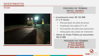 Airside
INVESTIMENTOS
 Investimento total: R$ 163 MM
(1a e 2a fases)
• Recuperação da pista de pouso
• Ampliação dos pátios 01 e 02
• 44 posições de pátio para aeronaves
• Adequação das pistas de rolamento
• Obras do Poder Público já assumidas:
R$ 53 MM
PREVISÃO DE TÉRMINO
INICIAL: abr/2014
(responsabilidade poder público)
PREVISÃO DE TÉRMINO
1ª fase dez/2015
2ª fase dez/2016
3ª fase após 2020
 