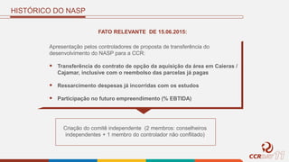 HISTÓRICO DO NASP
Apresentação pelos controladores de proposta de transferência do
desenvolvimento do NASP para a CCR:
 Transferência do contrato de opção da aquisição da área em Caieras /
Cajamar, inclusive com o reembolso das parcelas já pagas
 Ressarcimento despesas já incorridas com os estudos
 Participação no futuro empreendimento (% EBTIDA)
FATO RELEVANTE DE 15.06.2015:
Criação do comitê independente (2 membros: conselheiros
independentes + 1 membro do controlador não conflitado)
 