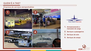 QUEM É A TAS?
Empresa de serviços aeroportuários
1 2
3 4
1. Armazenamento e
manuseio de carga
2. Serviços a passageiros
3. Serviços de solo
4. Serviços de rampa
 