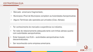 ESTRATÉGIA EUA
• Mercado americano fragmentado;
• Municípios /Pool de Municípios compõem as Autoridades Aeroportuárias
• Alguns Terminais são operados por privados (Cias. Aéreas)
• Ter conhecimento do mercado e experiência na indústria;
• Ter rede de relacionamento adequada tanto com linhas aéreas quanto
com autoridades aeroportuárias;
• Estar baseado nos EUA – autoridades aeroportuárias muito
descentralizadas;
• Ser reconhecido como empresa americana.
 