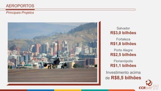 Principais Projetos
AEROPORTOS
Salvador
R$3,0 bilhões
Fortaleza
R$1,8 bilhões
Porto Alegre
R$2,5 bilhões
Florianópolis
R$1,1 bilhões
Investimento acima
de R$8,5 bilhões
 