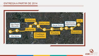 ENTREGA A PARTIR DE 2014
Luz
RepúblicaPaulista
Faria Lima
Pinheiros
Butantã
 