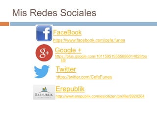 Mis Redes Sociales
FaceBook
https://www.facebook.com/cefe.funes
Google +
https://plus.google.com/101159519555886014829/po
sts
Twitter
https://twitter.com/CefeFunes
Erepublik
http://www.erepublik.com/es/citizen/profile/5928204
 