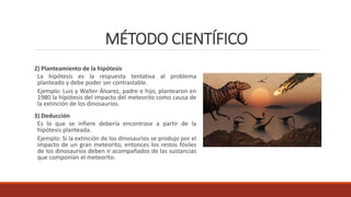 MÉTODO CIENTÍFICO
2) Planteamiento de la hipótesis
La hipótesis es la respuesta tentativa al problema
planteado y debe poder ser contrastable.
Ejemplo: Luis y Walter Álvarez, padre e hijo, plantearon en
1980 la hipótesis del impacto del meteorito como causa de
la extinción de los dinosaurios.
3) Deducción
Es lo que se infiere debería encontrase a partir de la
hipótesis planteada.
Ejemplo: Si la extinción de los dinosaurios se produjo por el
impacto de un gran meteorito, entonces los restos fósiles
de los dinosaurios deben ir acompañados de las sustancias
que componían el meteorito.
 