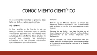 CONOCIMIENTO CIENTÍFICO
El conocimiento científico se presenta bajo
la forma de leyes y teorías científicas.
Ley científica
La ley científica es la descripción de un
comportamiento constante que se puede
observar en determinados fenómenos de la
naturaleza. Tiene la forma de un enunciado
general que muestra las relaciones
existentes entre las diversas magnitudes
que intervienen en un fenómeno.
Ejemplos:
Primera ley de Mendel: «Cuando se cruzan dos
variedades individuos de raza pura, para un determinado
carácter, todos los híbridos de la primera generación son
iguales».
Segunda ley de Kepler: «Las áreas barridas por el
segmento que une al Sol con el planeta (radio vector) son
proporcionales a los tiempos empleados para
describirlas».
Ley de Coulomb: «La fuerza electrostática entre dos
cargas puntuales es proporcional al producto de las cargas
e inversamente proporcional al cuadrado de la distancia
que las separa».
 