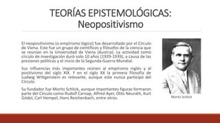 TEORÍAS EPISTEMOLÓGICAS:
Neopositivismo
El neopositivismo (o empirismo lógico) fue desarrollado por el Círculo
de Viena. Este fue un grupo de científicos y filósofos de la ciencia que
se reunían en la Universidad de Viena (Austria). La actividad como
círculo de investigación duró solo 10 años (1929-1939), a causa de las
presiones políticas y el inicio de la Segunda Guerra Mundial.
Sus influencias más importantes reúnen al empirismo inglés y al
positivismo del siglo XIX. Y en el siglo XX la primera filosofía de
Ludwig Wittgenstein es relevante, aunque este nunca participó del
Círculo.
Su fundador fue Moritz Schlick, aunque importantes figuras formaron
parte del Círculo como Rudolf Carnap, Alfred Ayer, Otto Neurath, Kurt
Gödel, Carl Hempel, Hans Reichenbach, entre otros. Moritz Schlick
 
