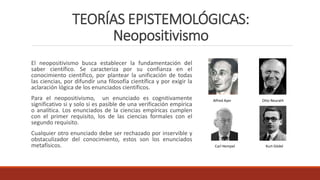 TEORÍAS EPISTEMOLÓGICAS:
Neopositivismo
El neopositivismo busca establecer la fundamentación del
saber científico. Se caracteriza por su confianza en el
conocimiento científico, por plantear la unificación de todas
las ciencias, por difundir una filosofía científica y por exigir la
aclaración lógica de los enunciados científicos.
Para el neopositivismo, un enunciado es cognitivamente
significativo si y solo si es pasible de una verificación empírica
o analítica. Los enunciados de la ciencias empíricas cumplen
con el primer requisito, los de las ciencias formales con el
segundo requisito.
Cualquier otro enunciado debe ser rechazado por inservible y
obstaculizador del conocimiento, estos son los enunciados
metafísicos.
Alfred Ayer Otto Neurath
Carl Hempel Kurt Gödel
 