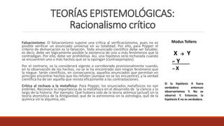 TEORÍAS EPISTEMOLÓGICAS:
Racionalismo crítico
Falsacionismo: El falsacionismo supone una crítica al verificacionismo, pues no es
posible verificar un enunciado universal en su totalidad. Por ello, para Popper el
criterio de demarcación es la falsación. Todo enunciado científico debe ser falsable;
es decir, debe ser lógicamente posible la existencia de uno o más fenómenos que la
contradigan. Por ello, debe ser prohibitiva. Así, una hipótesis será rechazada cuando
se encuentren uno o más hechos que se la opongan (contraejemplos).
Por el contrario, se la considerará vigente o corroborada provisionalmente cuando,
en la observación de los hechos, no se le ha encontrado aún ningún fenómeno que
la niegue. Serán científicos, en consecuencia, aquellos enunciados que permitan en
principio encontrar hechos que los refuten (aunque no se los encuentre), y la verdad
científica ha de ser aquella que resista eficazmente a las contrastaciones.
Crítica al rechazo a la metafísica: Para Popper, los enunciados metafísicos no son
estériles. Reconoce la importancia de la metafísica en el desarrollo de la ciencia a lo
largo de la historia. Por ejemplo: Qué hubiera sido de la teoría atómica (actual) sin la
teoría atomística de la Antigüedad; qué de la astronomía sin la astrología, qué de la
química sin la alquimia, etc.
Modus Tollens
X → Y
⌐ Y___
⌐ X
Si la hipótesis X fuera
verdadera entonces
observaríamos Y. No se
observó Y. Entonces la
hipótesis X no es verdadera.
 