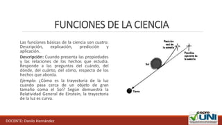 FUNCIONES DE LA CIENCIA
Las funciones básicas de la ciencia son cuatro:
Descripción, explicación, predicción y
aplicación.
Descripción: Cuando presenta las propiedades
y las relaciones de los hechos que estudia.
Responde a las preguntas del cuándo, del
dónde, del cuánto, del cómo, respecto de los
hechos que aborda.
Ejemplo: ¿Cómo es la trayectoria de la luz
cuando pasa cerca de un objeto de gran
tamaño como el Sol? Según demuestra la
Relatividad General de Einstein, la trayectoria
de la luz es curva.
DOCENTE: Danilo Hernández
 