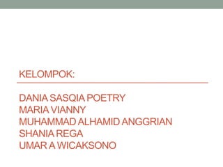 KELOMPOK:
DANIA SASQIA POETRY
MARIA VIANNY
MUHAMMADALHAMID ANGGRIAN
SHANIA REGA
UMAR A WICAKSONO
 