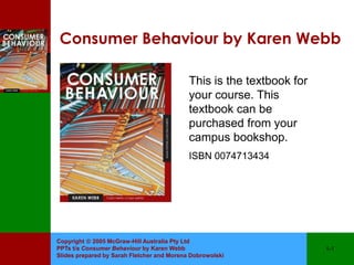 Consumer Behaviour by Karen Webb

                                            This is the textbook for
                                            your course. This
                                            textbook can be
                                            purchased from your
                                            campus bookshop.
                                            ISBN 0074713434




Copyright  2005 McGraw-Hill Australia Pty Ltd
PPTs t/a Consumer Behaviour by Karen Webb                              1-1
Slides prepared by Sarah Fletcher and Morena Dobrowolski
 
