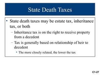 State Death Taxes
• State death taxes may be estate tax, inheritance
  tax, or both
  – Inheritance tax is on the right to receive property
    from a decedent
  – Tax is generally based on relationship of heir to
    decedent
     • The more closely related, the lower the tax




                                                          C1-27
 