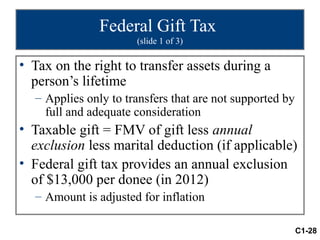 Federal Gift Tax
                      (slide 1 of 3)

• Tax on the right to transfer assets during a
  person’s lifetime
  – Applies only to transfers that are not supported by
    full and adequate consideration
• Taxable gift = FMV of gift less annual
  exclusion less marital deduction (if applicable)
• Federal gift tax provides an annual exclusion
  of $13,000 per donee (in 2012)
  – Amount is adjusted for inflation

                                                          C1-28
 
