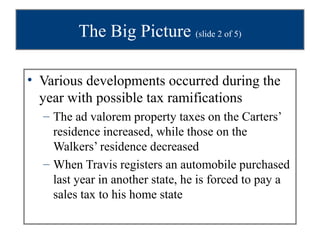 The Big Picture (slide 2 of 5)

• Various developments occurred during the
  year with possible tax ramifications
  – The ad valorem property taxes on the Carters’
    residence increased, while those on the
    Walkers’ residence decreased
  – When Travis registers an automobile purchased
    last year in another state, he is forced to pay a
    sales tax to his home state
 