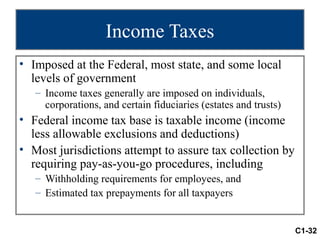 Income Taxes
• Imposed at the Federal, most state, and some local
  levels of government
   – Income taxes generally are imposed on individuals,
     corporations, and certain fiduciaries (estates and trusts)
• Federal income tax base is taxable income (income
  less allowable exclusions and deductions)
• Most jurisdictions attempt to assure tax collection by
  requiring pay-as-you-go procedures, including
   – Withholding requirements for employees, and
   – Estimated tax prepayments for all taxpayers


                                                                  C1-32
 