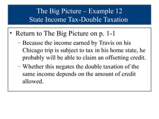 The Big Picture – Example 12
      State Income Tax-Double Taxation
• Return to The Big Picture on p. 1-1
  – Because the income earned by Travis on his
    Chicago trip is subject to tax in his home state, he
    probably will be able to claim an offsetting credit.
  – Whether this negates the double taxation of the
    same income depends on the amount of credit
    allowed.
 