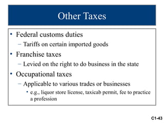 Other Taxes
• Federal customs duties
  – Tariffs on certain imported goods
• Franchise taxes
  – Levied on the right to do business in the state
• Occupational taxes
  – Applicable to various trades or businesses
     • e.g., liquor store license, taxicab permit, fee to practice
       a profession


                                                                     C1-43
 