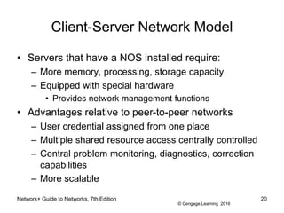 © Cengage Learning 2016
Network+ Guide to Networks, 7th Edition 20
Client-Server Network Model
• Servers that have a NOS installed require:
– More memory, processing, storage capacity
– Equipped with special hardware
• Provides network management functions
• Advantages relative to peer-to-peer networks
– User credential assigned from one place
– Multiple shared resource access centrally controlled
– Central problem monitoring, diagnostics, correction
capabilities
– More scalable
 