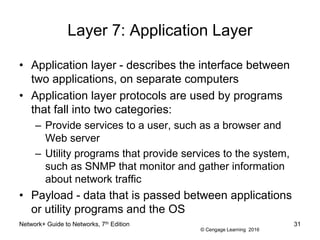 © Cengage Learning 2016
Layer 7: Application Layer
• Application layer - describes the interface between
two applications, on separate computers
• Application layer protocols are used by programs
that fall into two categories:
– Provide services to a user, such as a browser and
Web server
– Utility programs that provide services to the system,
such as SNMP that monitor and gather information
about network traffic
• Payload - data that is passed between applications
or utility programs and the OS
Network+ Guide to Networks, 7th Edition 31
 