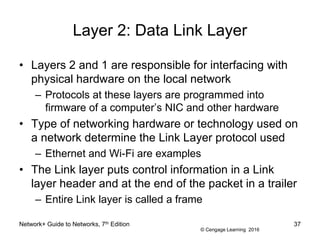 © Cengage Learning 2016
Layer 2: Data Link Layer
• Layers 2 and 1 are responsible for interfacing with
physical hardware on the local network
– Protocols at these layers are programmed into
firmware of a computer’s NIC and other hardware
• Type of networking hardware or technology used on
a network determine the Link Layer protocol used
– Ethernet and Wi-Fi are examples
• The Link layer puts control information in a Link
layer header and at the end of the packet in a trailer
– Entire Link layer is called a frame
Network+ Guide to Networks, 7th Edition 37
 