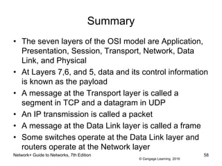 © Cengage Learning 2016
Network+ Guide to Networks, 7th Edition 58
Summary
• The seven layers of the OSI model are Application,
Presentation, Session, Transport, Network, Data
Link, and Physical
• At Layers 7,6, and 5, data and its control information
is known as the payload
• A message at the Transport layer is called a
segment in TCP and a datagram in UDP
• An IP transmission is called a packet
• A message at the Data Link layer is called a frame
• Some switches operate at the Data Link layer and
routers operate at the Network layer
 