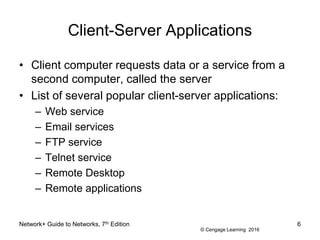 © Cengage Learning 2016
Client-Server Applications
• Client computer requests data or a service from a
second computer, called the server
• List of several popular client-server applications:
– Web service
– Email services
– FTP service
– Telnet service
– Remote Desktop
– Remote applications
Network+ Guide to Networks, 7th Edition 6
 