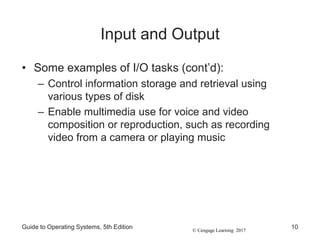 © Cengage Learning 2017
Input and Output
• Some examples of I/O tasks (cont’d):
– Control information storage and retrieval using
various types of disk
– Enable multimedia use for voice and video
composition or reproduction, such as recording
video from a camera or playing music
Guide to Operating Systems, 5th Edition 10
 