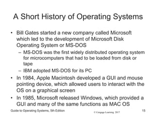 © Cengage Learning 2017
A Short History of Operating Systems
• Bill Gates started a new company called Microsoft
which led to the development of Microsoft Disk
Operating System or MS-DOS
– MS-DOS was the first widely distributed operating system
for microcomputers that had to be loaded from disk or
tape
– IBM adopted MS-DOS for its PC
• In 1984, Apple Macintosh developed a GUI and mouse
pointing device, which allowed users to interact with the
OS on a graphical screen
• In 1985, Microsoft released Windows, which provided a
GUI and many of the same functions as MAC OS
Guide to Operating Systems, 5th Edition 15
 
