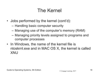 © Cengage Learning 2017
The Kernel
• Jobs performed by the kernel (cont’d):
– Handling basic computer security
– Managing use of the computer’s memory (RAM)
– Managing priority levels assigned to programs and
computer processes
• In Windows, the name of the kernel file is
ntoskrnl.exe and in MAC OS X, the kernel is called
XNU
Guide to Operating Systems, 5th Edition 18
 