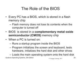 © Cengage Learning 2017
The Role of the BIOS
• Every PC has a BIOS, which is stored in a flash
memory chip
– Flash memory does not lose its contents when the
computer is turned off
• BIOS is stored in a complementary metal oxide
semiconductor (CMOS) memory chip
• When a PC is turned on:
– Runs a startup program inside the BIOS
– Program initializes the screen and keyboard, tests
hardware, initializes the hard disk and other drives
– Loads the main operating system onto the hard disk
Guide to Operating Systems, 5th Edition 25
 
