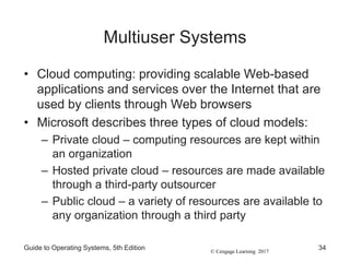 © Cengage Learning 2017
Multiuser Systems
• Cloud computing: providing scalable Web-based
applications and services over the Internet that are
used by clients through Web browsers
• Microsoft describes three types of cloud models:
– Private cloud – computing resources are kept within
an organization
– Hosted private cloud – resources are made available
through a third-party outsourcer
– Public cloud – a variety of resources are available to
any organization through a third party
Guide to Operating Systems, 5th Edition 34
 