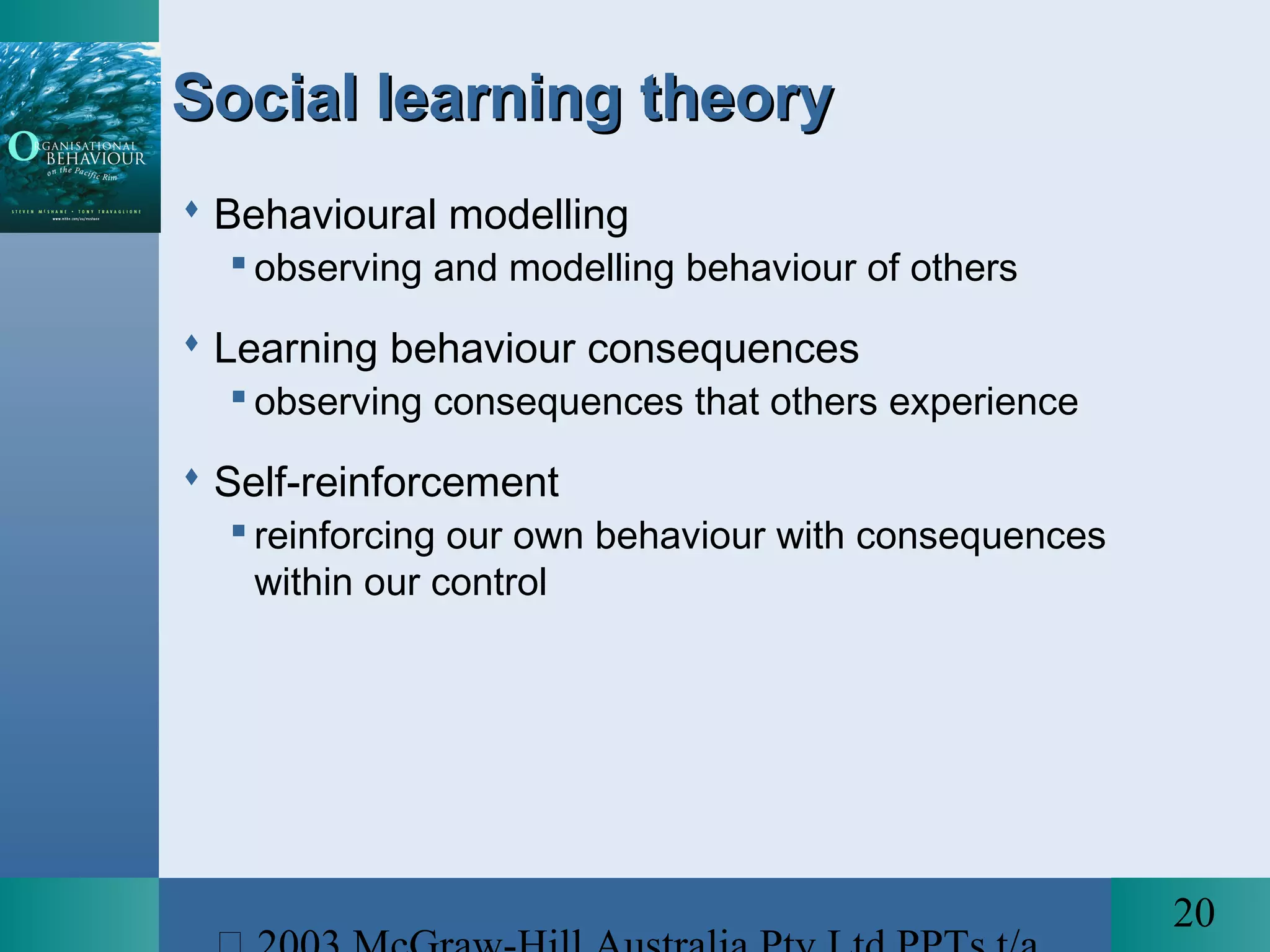 20
Social learning theorySocial learning theory
 Behavioural modelling
 observing and modelling behaviour of others
 Learning behaviour consequences
 observing consequences that others experience
 Self-reinforcement
 reinforcing our own behaviour with consequences
within our control
 