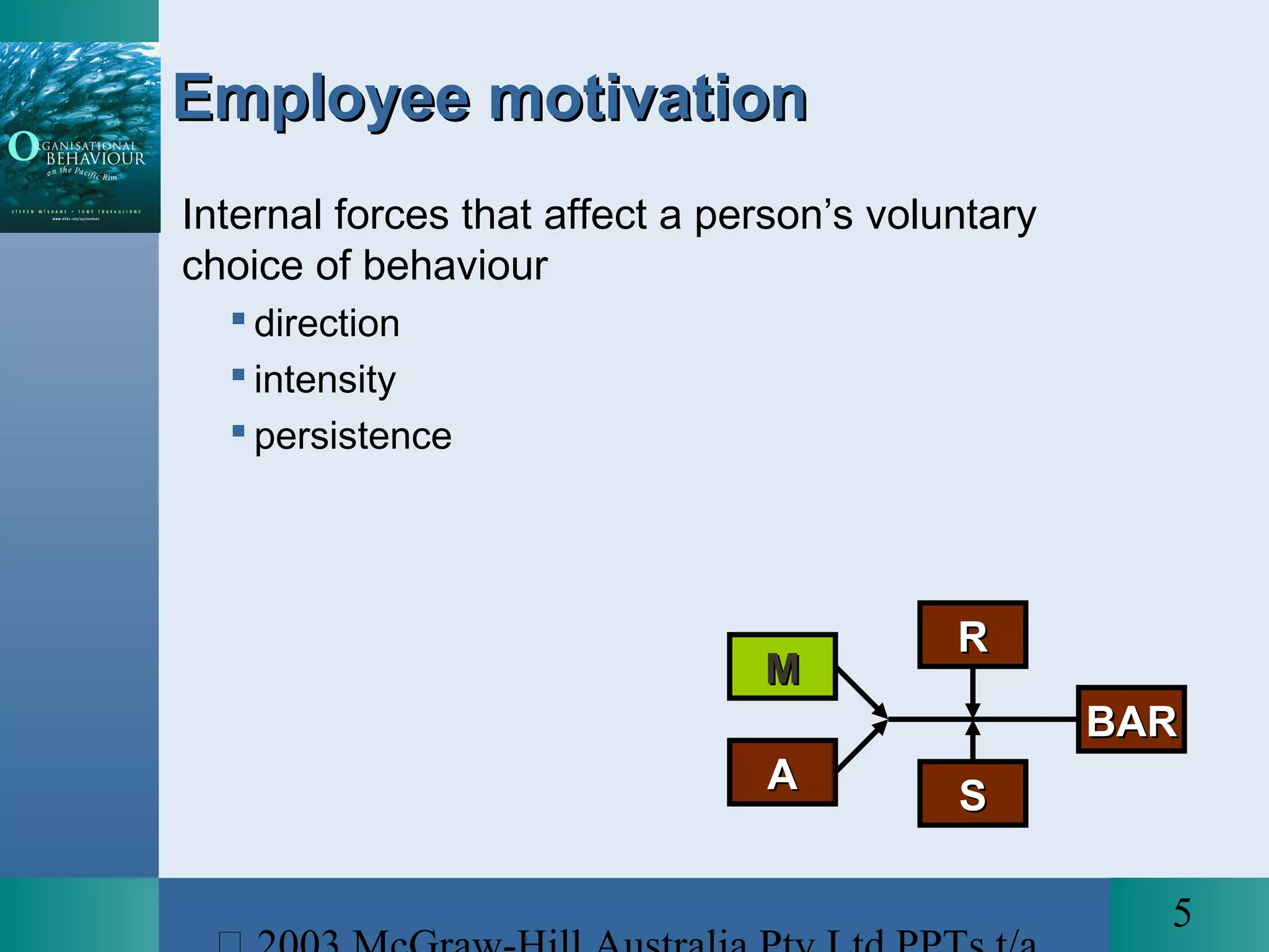 5
Employee motivationEmployee motivation
Internal forces that affect a person’s voluntary
choice of behaviour
 direction
 intensity
 persistence
MM
AA
RR
SS
BARBAR
 