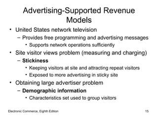 Advertising-Supported Revenue
                      Models
• United States network television
      – Provides free programming and advertising messages
           • Supports network operations sufficiently
• Site visitor views problem (measuring and charging)
      – Stickiness
           • Keeping visitors at site and attracting repeat visitors
           • Exposed to more advertising in sticky site
• Obtaining large advertiser problem
      – Demographic information
           • Characteristics set used to group visitors

Electronic Commerce, Eighth Edition                                    15
 