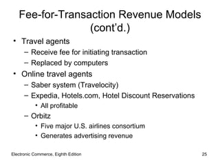 Fee-for-Transaction Revenue Models
                 (cont’d.)
• Travel agents
      – Receive fee for initiating transaction
      – Replaced by computers
• Online travel agents
      – Saber system (Travelocity)
      – Expedia, Hotels.com, Hotel Discount Reservations
           • All profitable
      – Orbitz
           • Five major U.S. airlines consortium
           • Generates advertising revenue

Electronic Commerce, Eighth Edition                        25
 