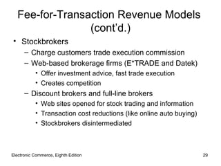 Fee-for-Transaction Revenue Models
                 (cont’d.)
• Stockbrokers
      – Charge customers trade execution commission
      – Web-based brokerage firms (E*TRADE and Datek)
           • Offer investment advice, fast trade execution
           • Creates competition
      – Discount brokers and full-line brokers
           • Web sites opened for stock trading and information
           • Transaction cost reductions (like online auto buying)
           • Stockbrokers disintermediated



Electronic Commerce, Eighth Edition                                  29
 